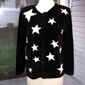 Women’s EUC LISA INTERNATIONAL sWeater Sz Black Cardigan with White Star Pattern